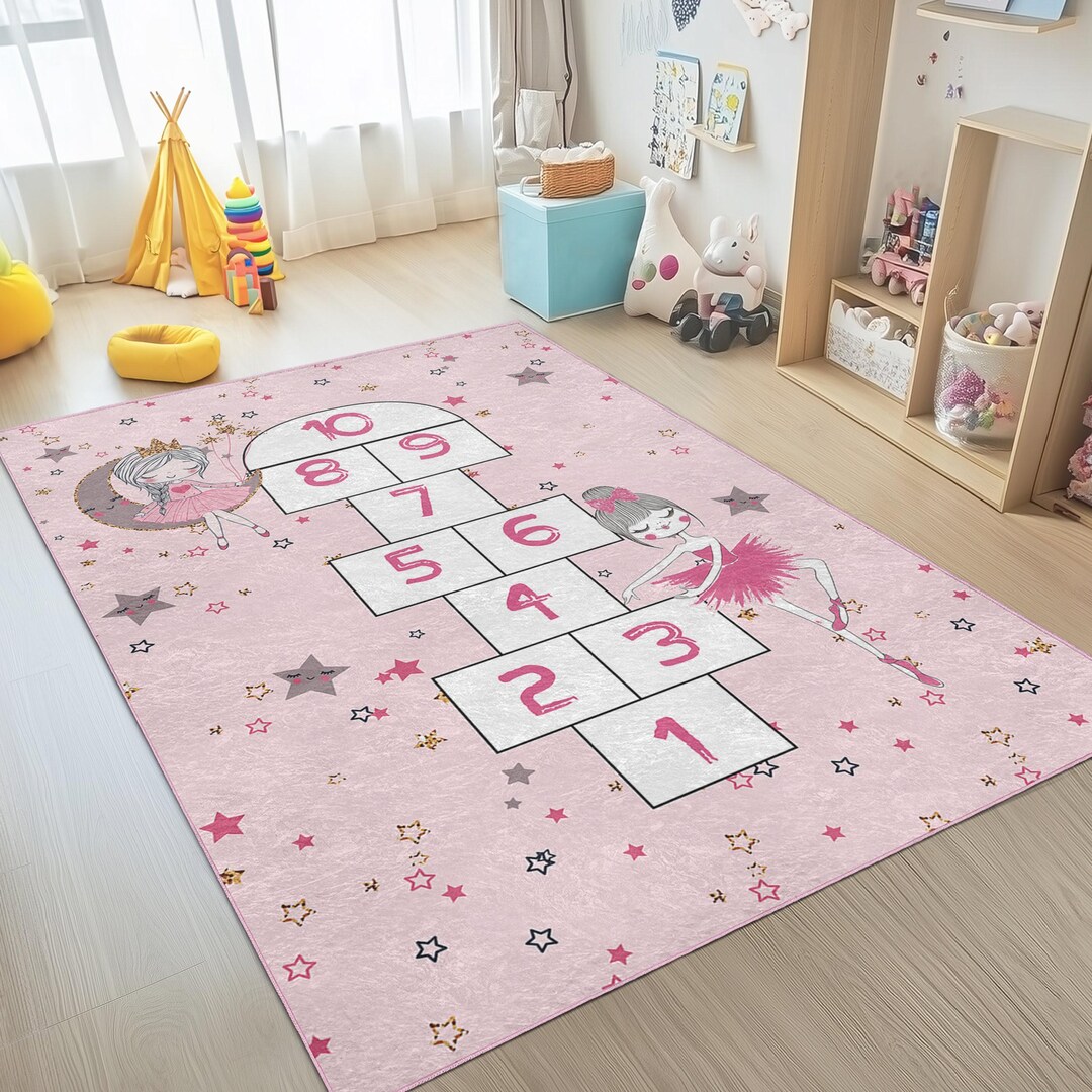 Pink Hopscotch Infant Play Rug-ballerina Non Slip Nursery Carpet-stars ...