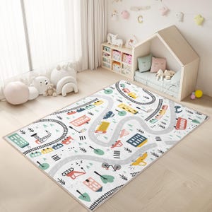 Biały dywanik dziecięcy City Life Infant Play Rug-Train Track antypoślizgowy dywanik dziecięcy-Bus zmywalna mata dla malucha-Driving Playroom Floor Art-Traffic Activity Rug