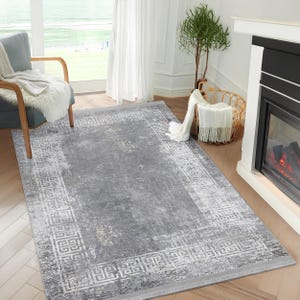 May include: A gray area rug with a white geometric pattern border. The rug has a distressed, vintage look.
