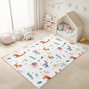Woodland  Crawling Rug - White Mat - Animals Skid Proof Carpet for Kids-Native Toddler Runner-American Playroom Rug-Crocodile Tammy Time Mat