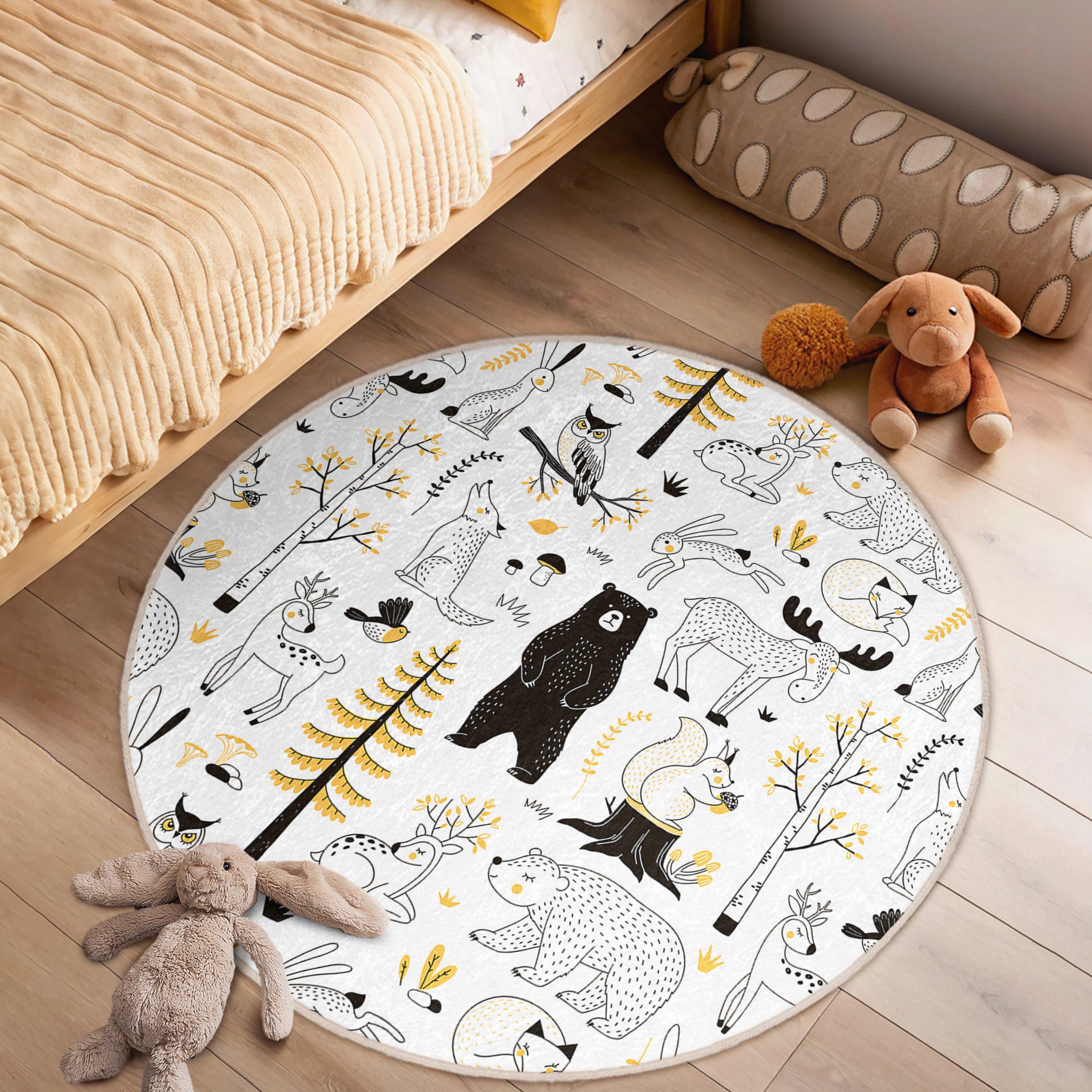 Woodland Kid's Room Round Rug - Yellow Black Ren Deer Circle