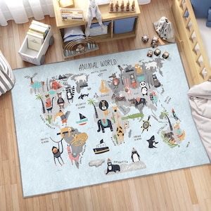 Blauer Teppich mit Motiven der Tiere der Welt, Säugling, Löwe, Rutschfest, Kinderzimmerteppich