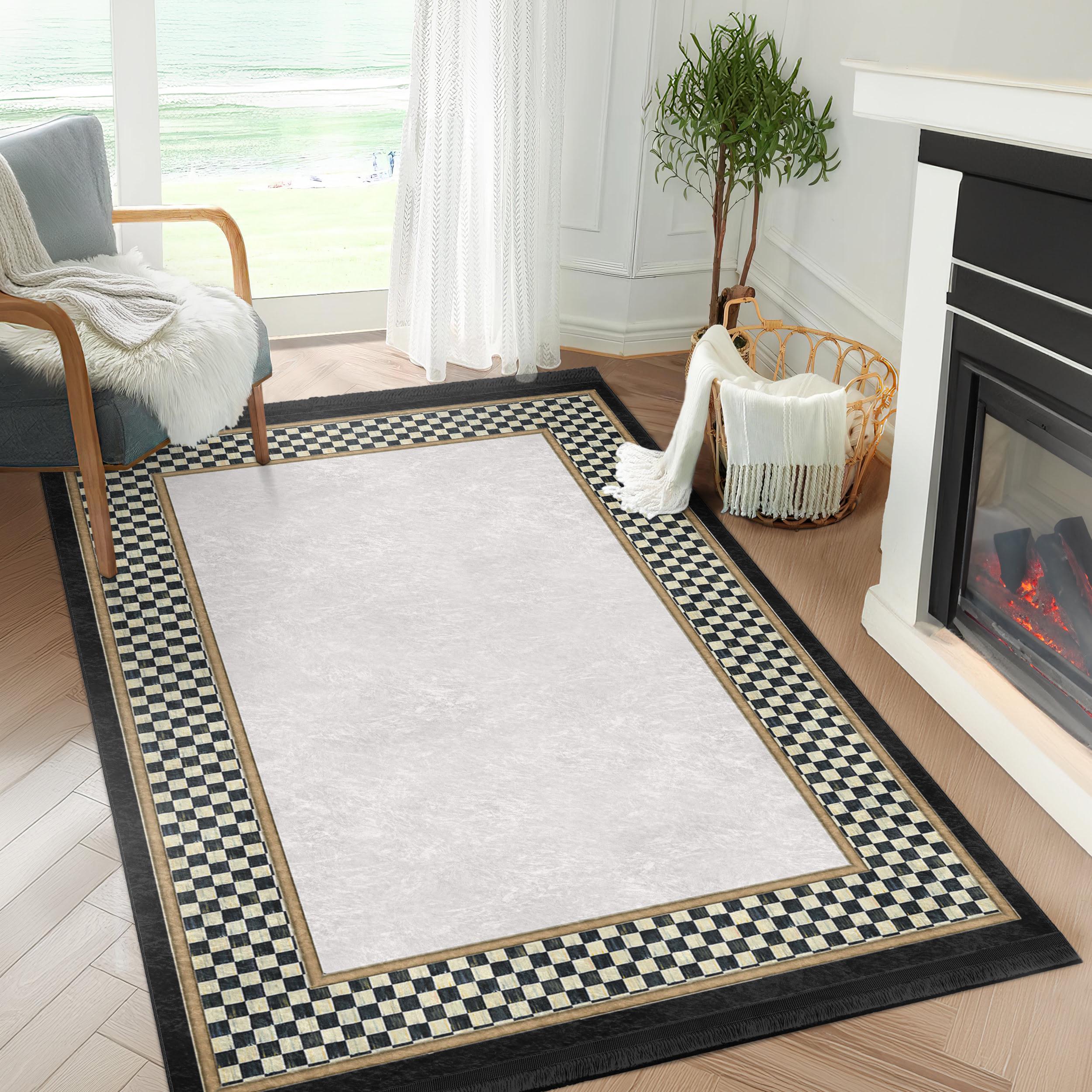 Checky Border Washable Area Rug - Checkered Carpet-gold Line Runner ...
