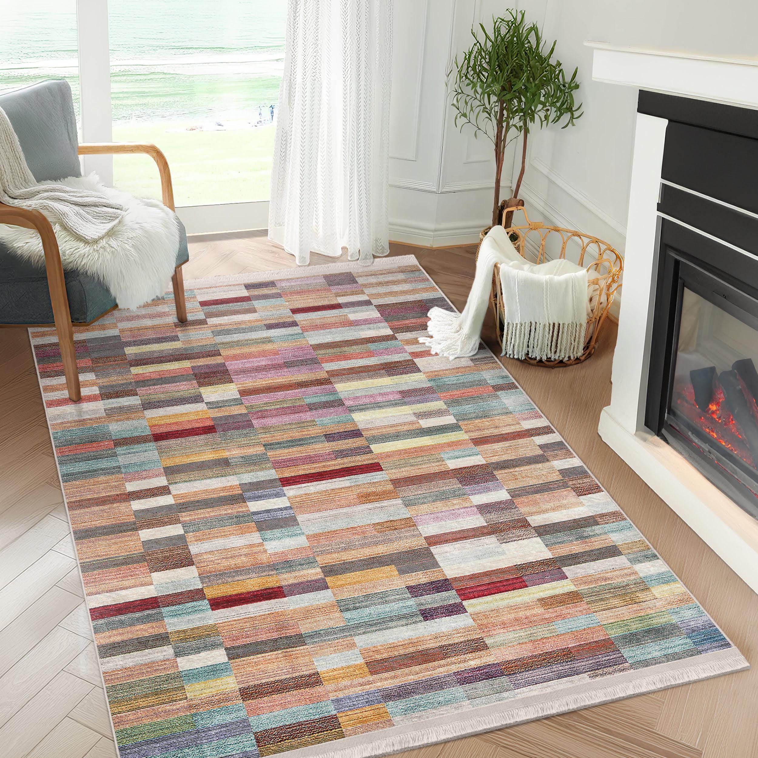 Pastel Block Accent Rug - Colorful Non Slip Area Rug - Faded Washable ...