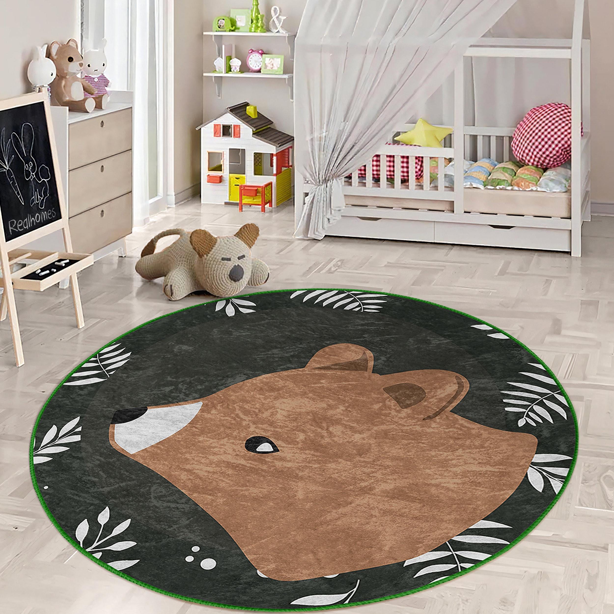 Bear Toddler Room Round Rug - Brown Woodland Circle Carpet - Fox