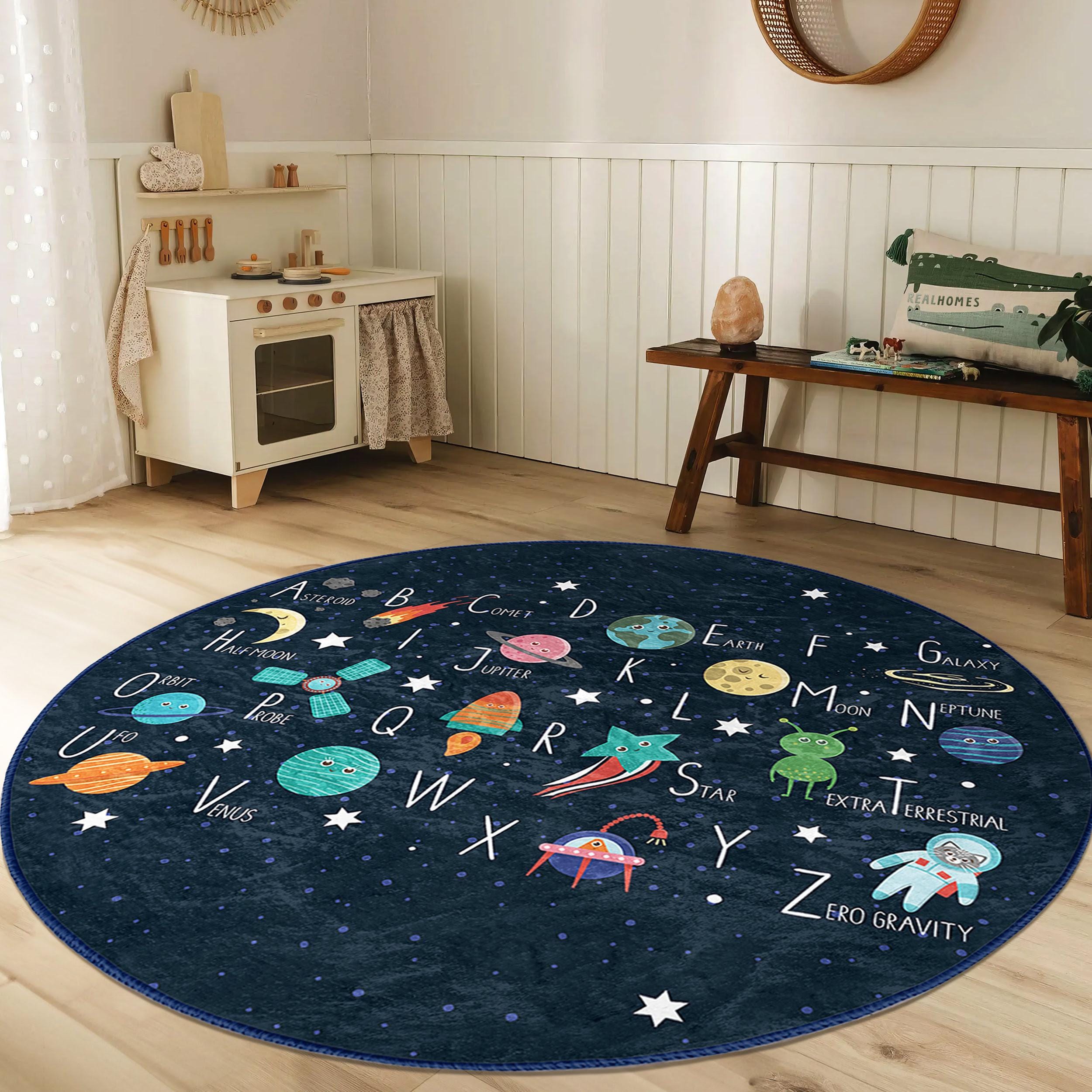 Space Round Rug Alphabet ABC Children Room Round Rug - Blue Space Circle Carpet - Alien ...