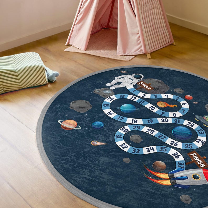 Blue Hopscotch Round Rug Aliens Round Mat Round Kids Carpets