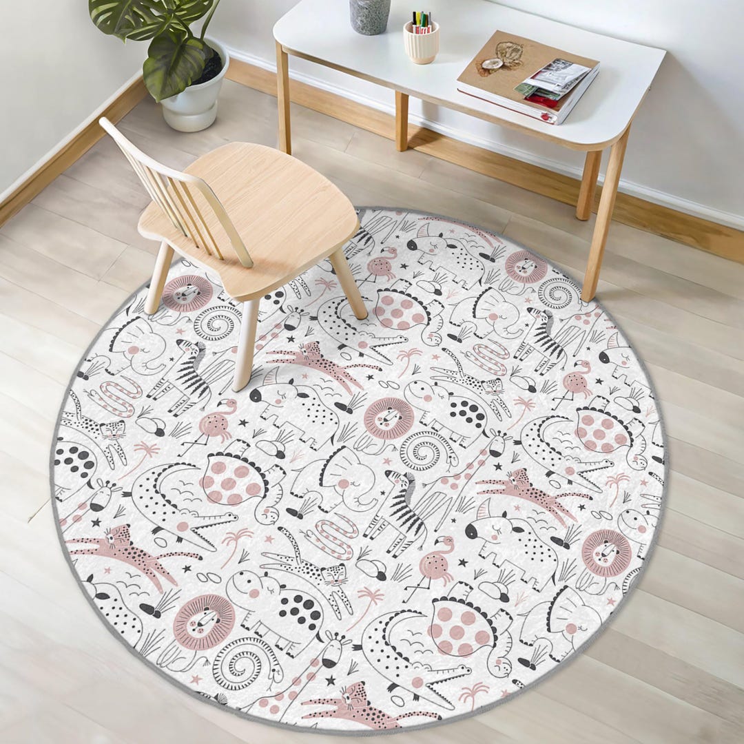 Round Rug Drawn Safari Drawings Kid's Room Round Rug - White Base Animal Circle Carpet ...