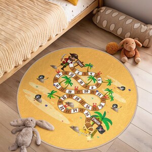 Tapis rond marelle pour chambre de tout-petit - Tapis cercle pirate jaune - Tapis ovale pour garderie Carte au trésor - Tapis de jeu circulaire lavable étoile de mer crabe