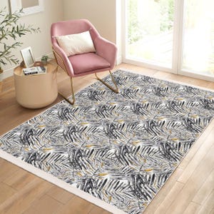 Palm Tropical Accent Rug - Leaf Anti Slip Rug - Foliage Washable Rug - Jungle RubberBack Rug -White Stain Resistant Mat-Chic Interior Carpet