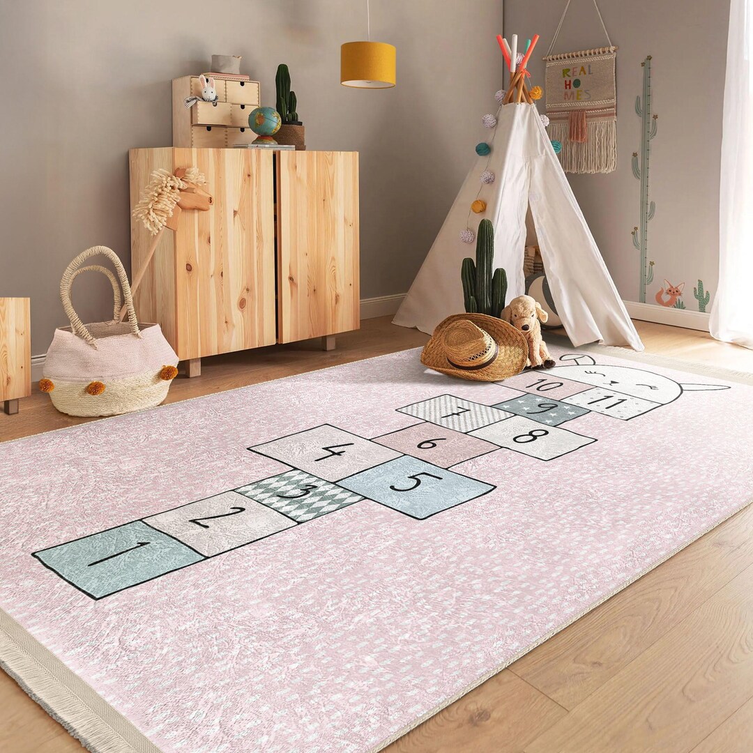 Pink Hopscotch Infant Play Rug - Dotted Non Slip Nursery Carpet - Stars ...
