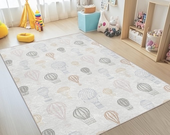 Air Baloon Crawling Rug -Grey Mat-Adventure Skid Proof Carpet for Kid's Room-Cloudy Toddler Runner-Whimsical Playroom Rug-Sky Tammy Time Mat