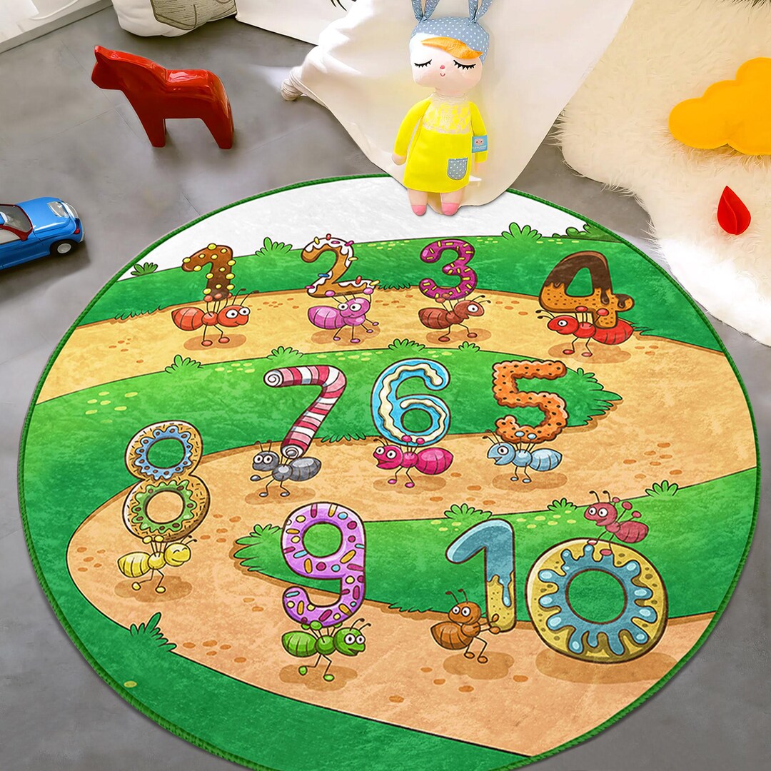 Preschool Kids Room Round Rug - Green Numbers Circle Carpet - Ants ...