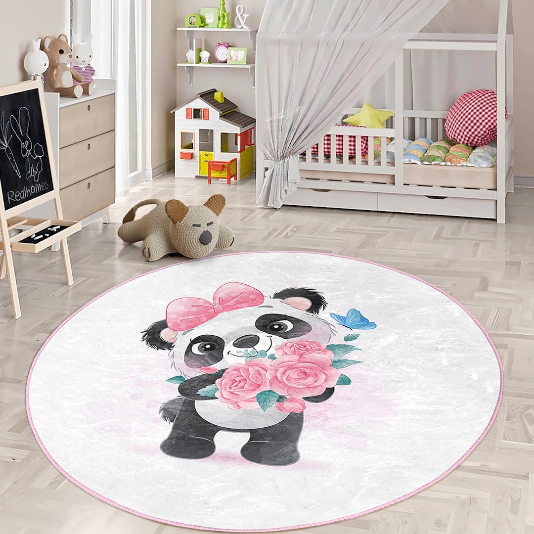 Adoptme Circular Rug Cute Bear Tummy Time Round Rug - White Floral Circular Carpet - Pink ...