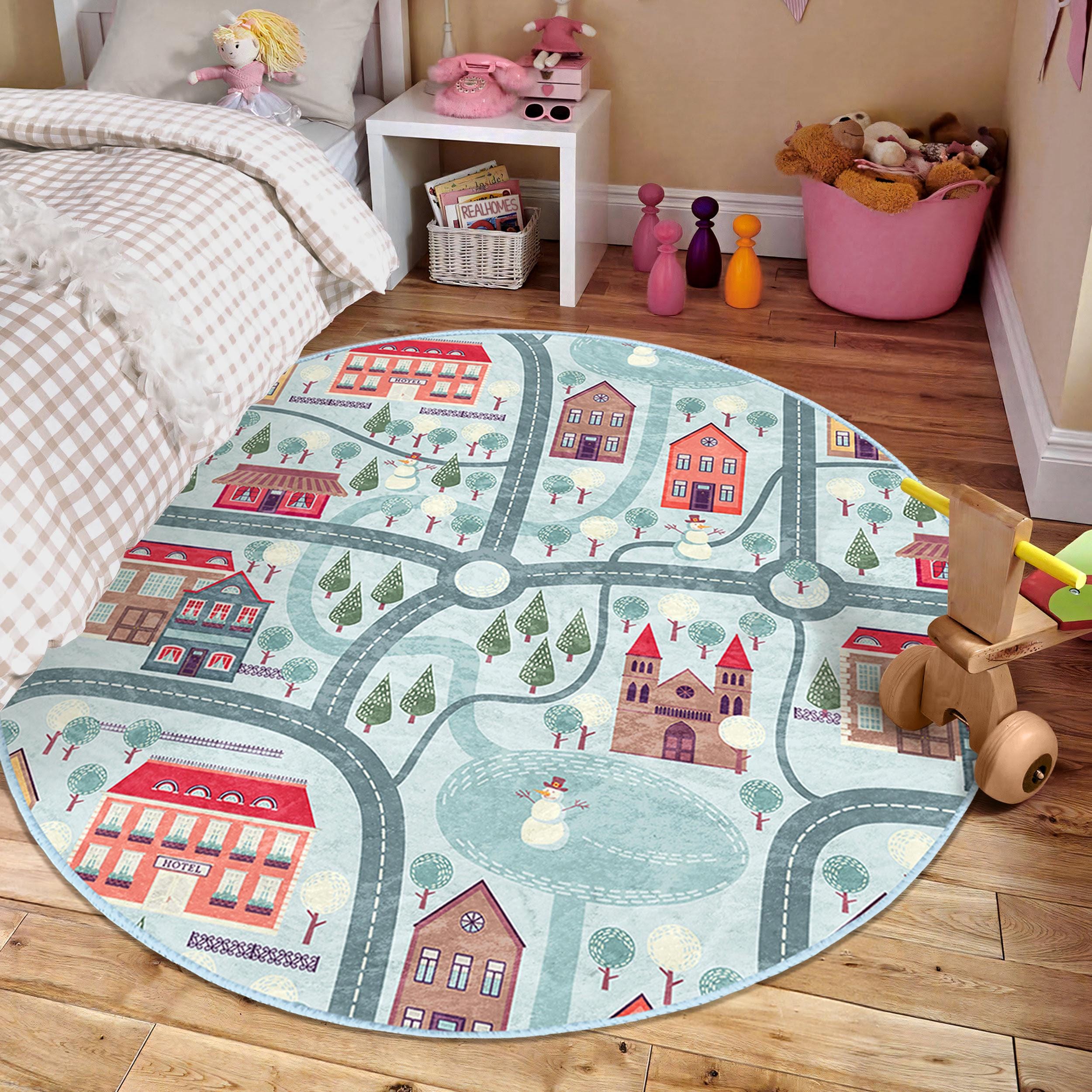 Snowy Children Room Round Rug - Blue City Life Circle Carpet - Xmas Nursery Oval Rug - Christmas Snowman Winter Washable Circular Playmat