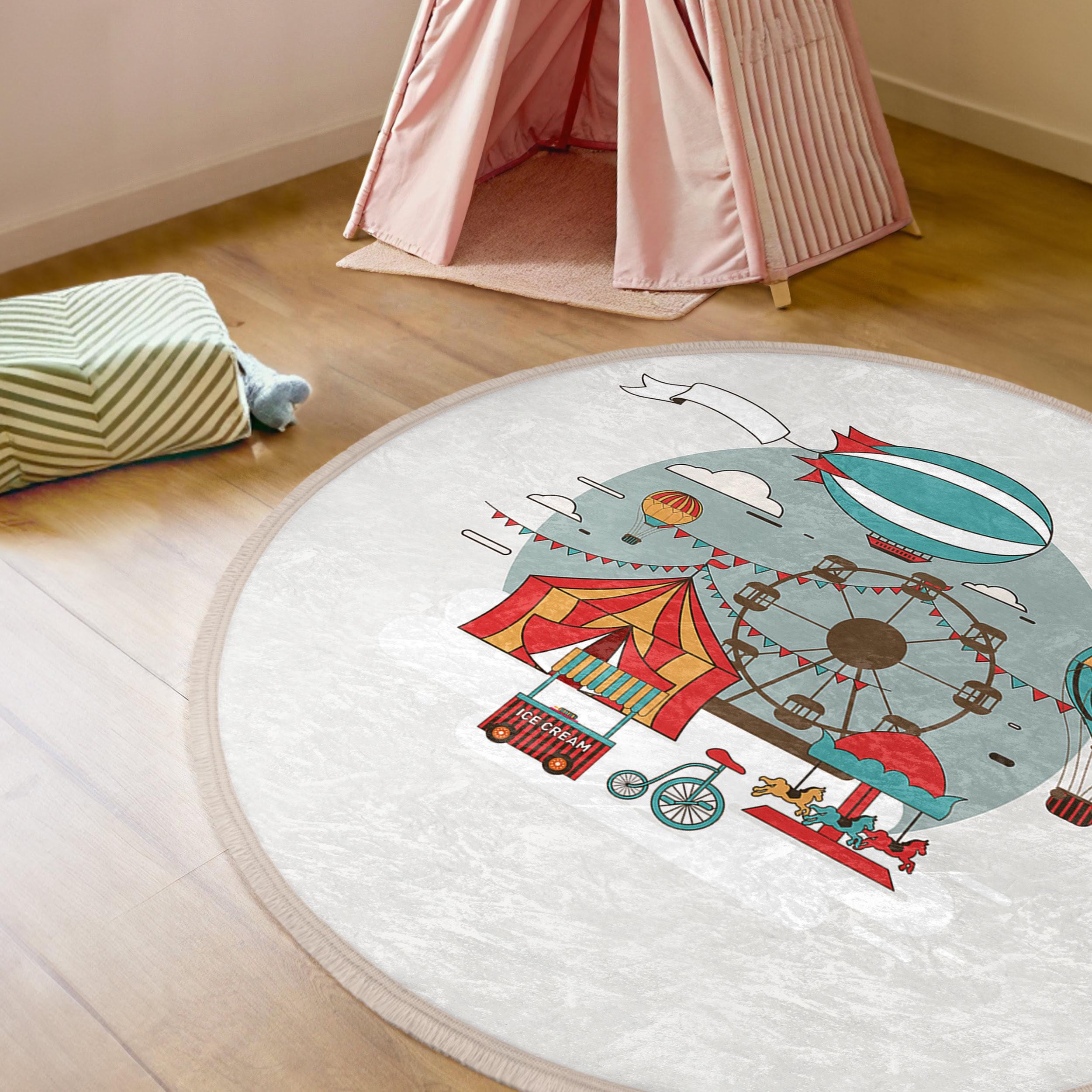 Zeplin Toddler Room Round Rug - White Circus Circle Carpet - Hot Air ...