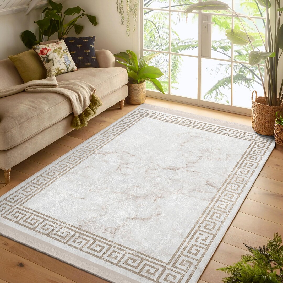 Greek Key Neutral Accent Rug - Fret Washable Carpet - Ancieent Runner ...