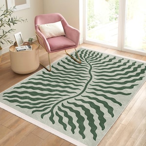 Matisse Leaf Branch Area Rug-Moss NonSlip Rug-Botanical Washable Throw Rug-Abstract Cute Vibe Runner-Green Hallway Mat-Fancy Interior Carpet