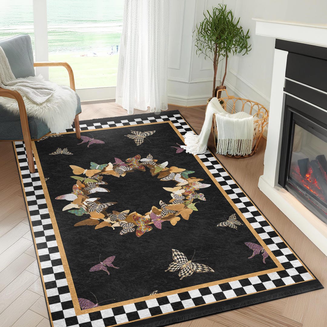 Checkered Garland Accent Rug-floral Bouqet Antislip Rug-gold Washable ...