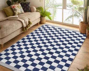 Navy Checker Area Rug - Diamond Slip Resistant Rug - Geometric Washable Throw Rug - Square Mosaic Runner -Blue Door Mat-Chic Interior Carpet