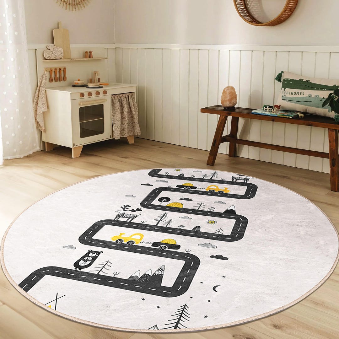 Road Toddler Room Round Rug - White Playground Circle Carpet - Bear ...