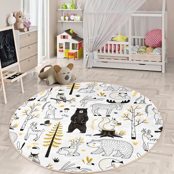 Woodland Kid's Room Round Rug Yellow Black Ren Deer Circle