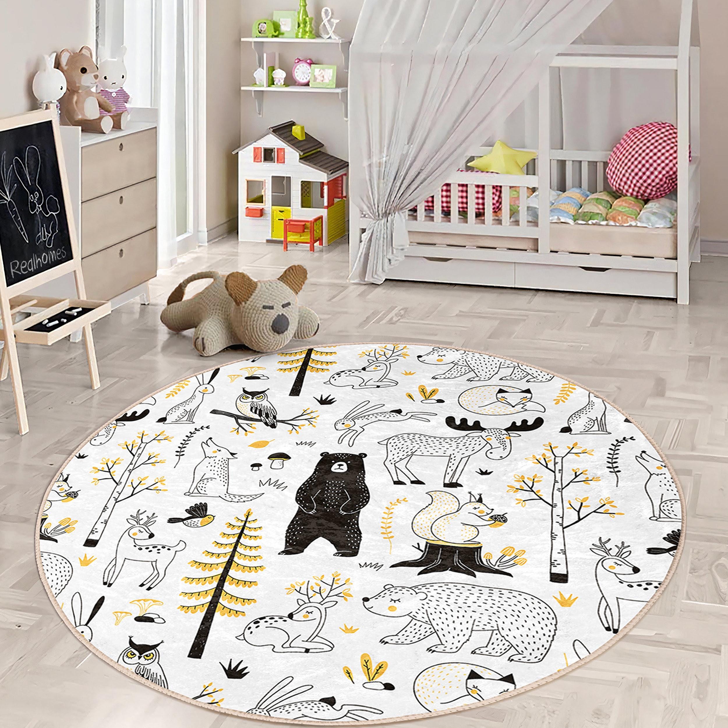 Woodland Kid's Room Round Rug - Yellow Black Ren Deer Circle