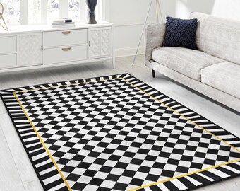 Curvy Stripe Area Rug - Checkers Slip Resistant Rug-Plaid Washable Throw Rug-Monochrome Stainless Runner-White Door Mat-Chic Interior Carpet