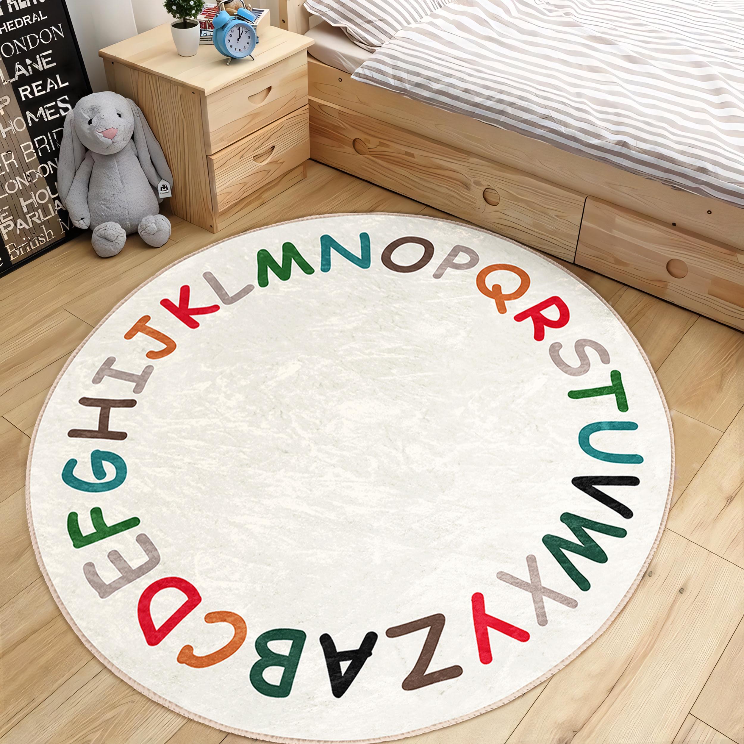 Class Children Room Round Rug - Beige Alphabet ABC Circle Carpet ...