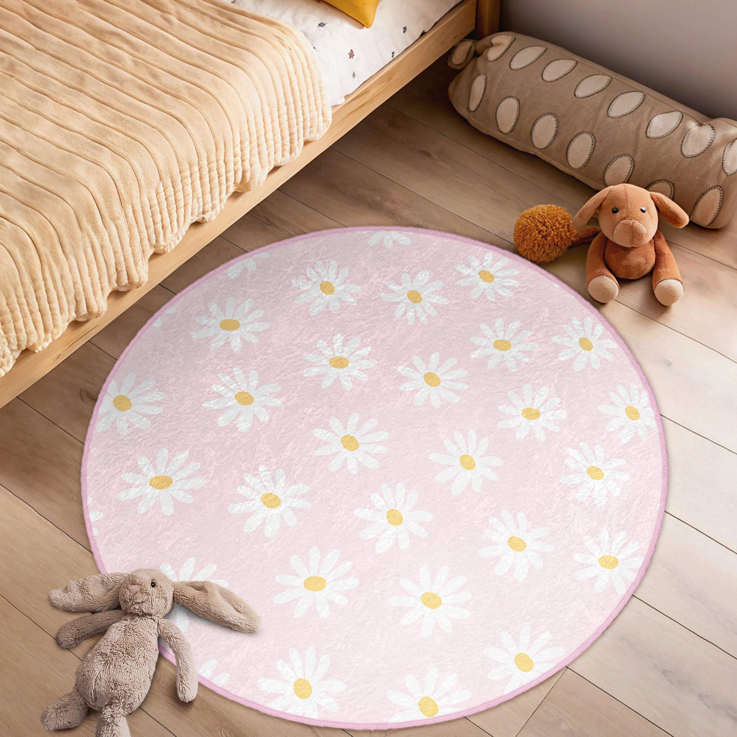 Spring Children Room Round Rug - Pink Daisy Circle Carpet - Floral