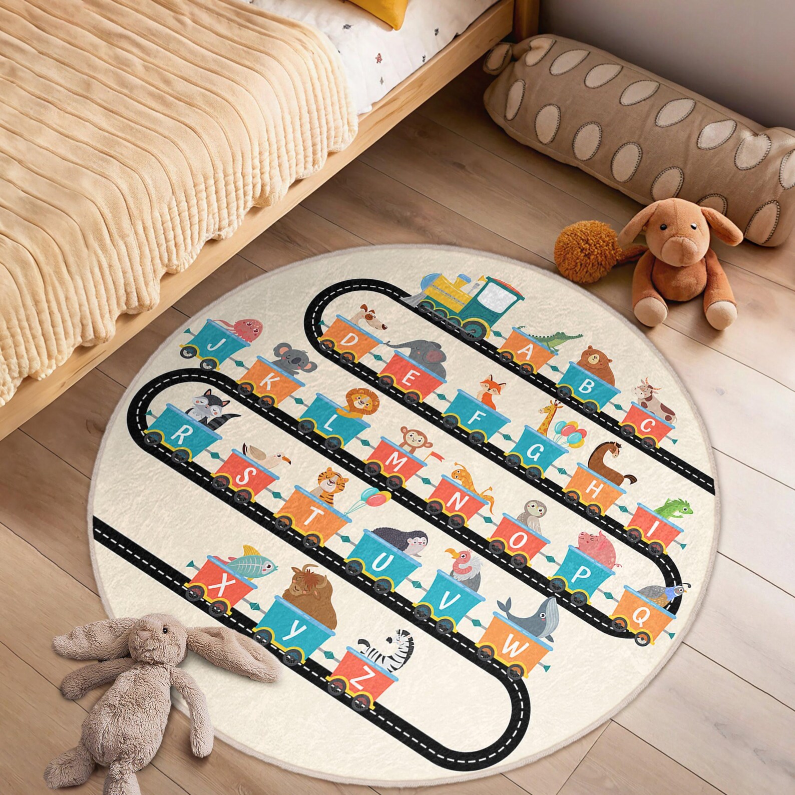Alphabet ABC Kids Room Round Rug - Beige Train Circle Carpet - Letters ...
