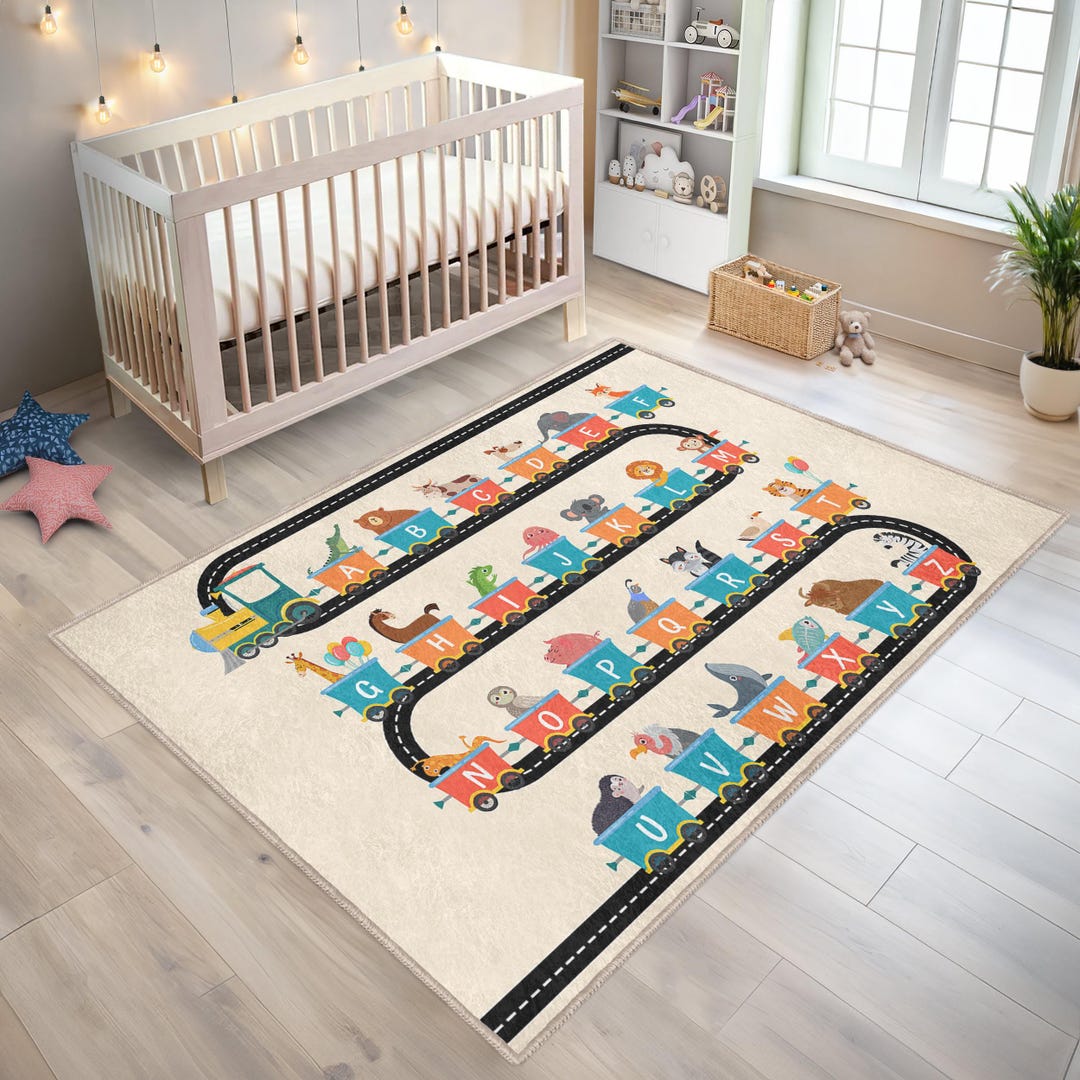Classroom Train Rug Beige ABC Letter Infant Play Rug-train Animal Non Slip Nursery Carpet ...