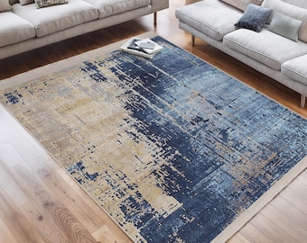 Abstract Impressionist High Traffic Rug -Gradient Rubber Backing Throw Rug-Canvas Washable Runner-Skyline Accent Rug-Blue Mat-Kitchen Carpet