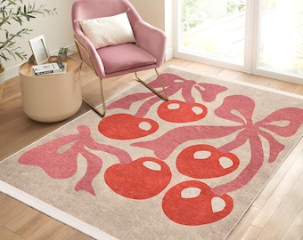 Cherry Ribbon Area Rug - Fruit Non Slip Rug - Minimal Washable Throw Rug - Trendy Cute Vibes Runner - Pink Hallway Mat-Fancy Interior Carpet