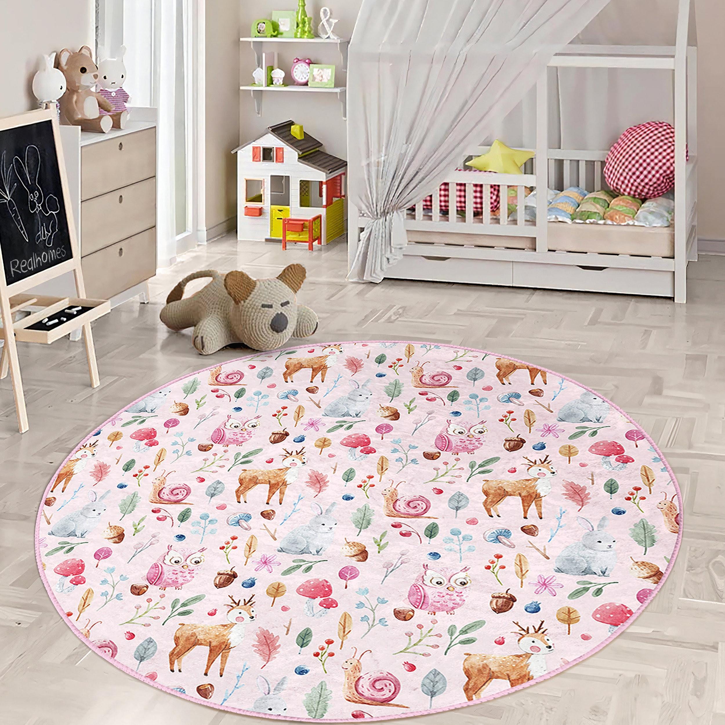 Owl Round Kids Room Rug - Pink Woodland Circle Tammy Time Carpet - Mushroom Infant Area Rug - Deer C