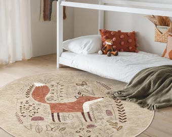 Fox Toddler Room Round Rug - Orange Woodland Circle Carpet - Cartoon Newborn Oval Rug - Animal Mushroom Boho Washable Circular Playmat