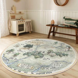 Woodland Kinderzimmer Runder Teppich - Grüner Pooh Kreis Teppich - Cartoon Kindergarten Oval Teppich - Waldkarte Fluss Waschbar Kreisspielmatte