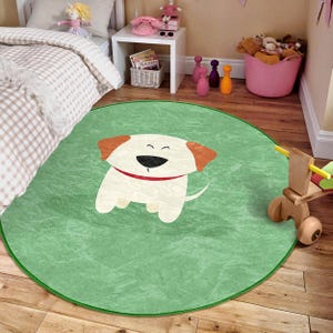 Puppy Round Nursery Area Rug - Green Dog Circle Newborn Carpet - Pet Baby Crawling Rug - Cheerful Cartoon Washable Playmat For Kindergarden