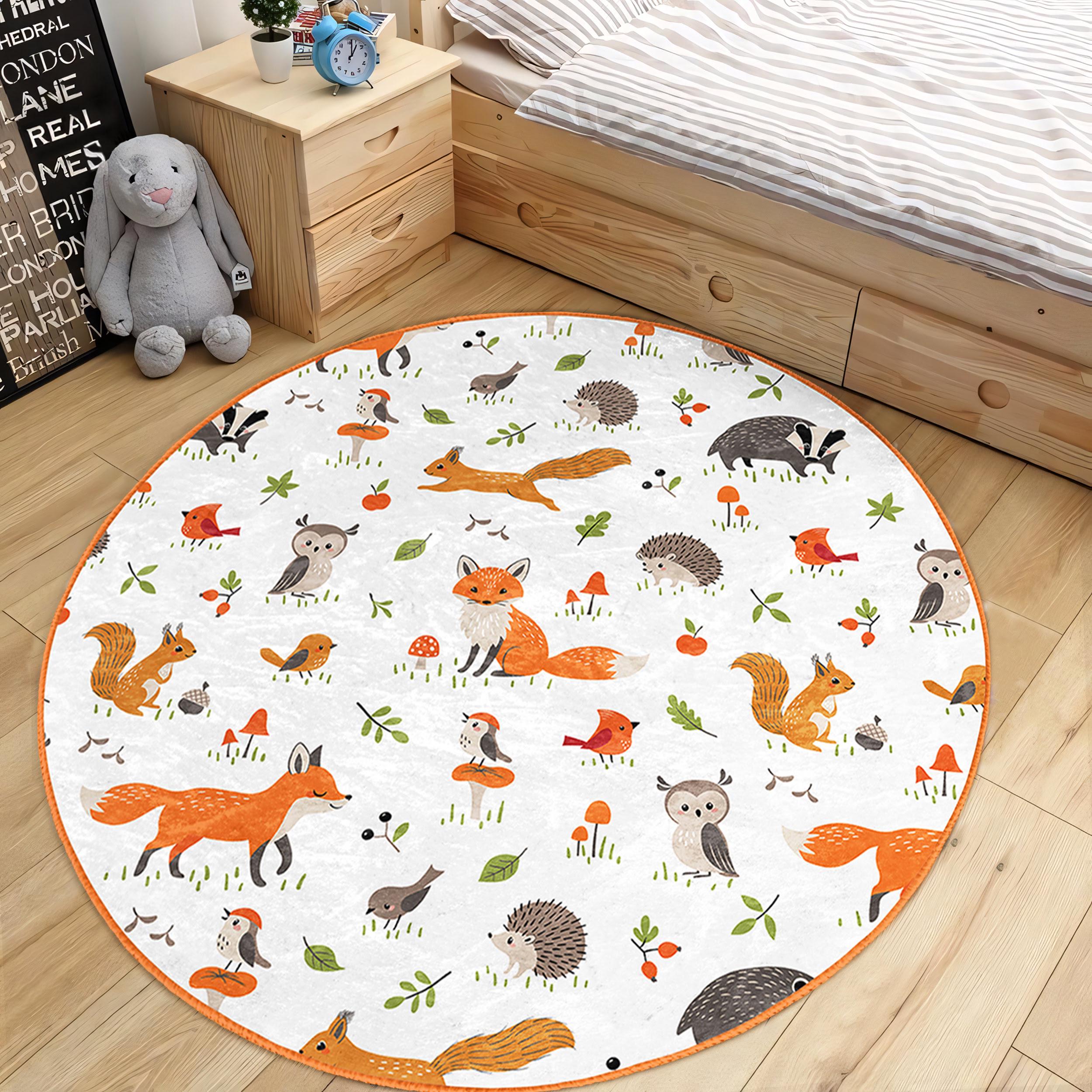 Squirrel Kid's Room Round Rug - Orange Owl Circle Baby Boy Carpet - Forest Nursery Oval Rug - Fo