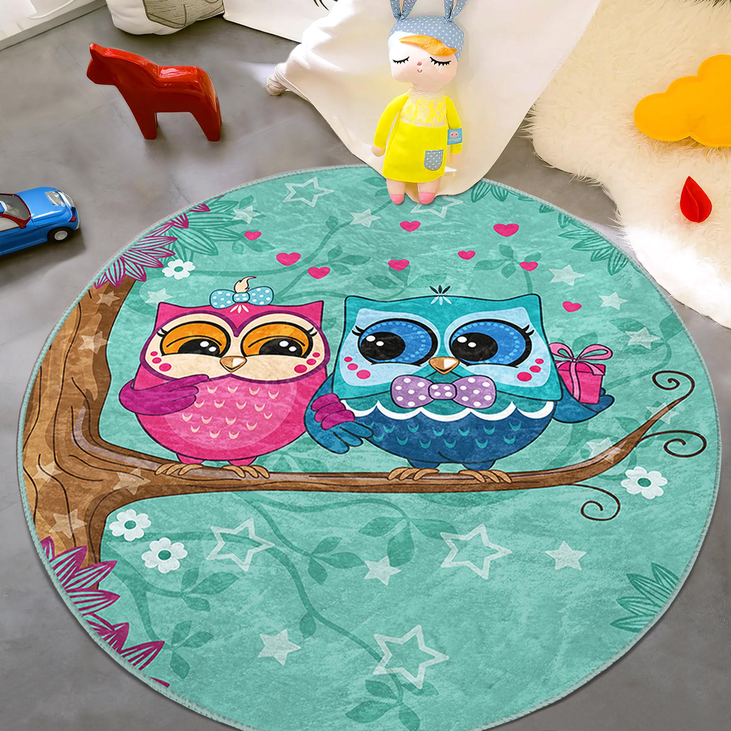 Owl Round Nursery Area Rug - Green Gift Circle Newborn Carpet - Hearts Baby Crawling Rug - Lovely Ca