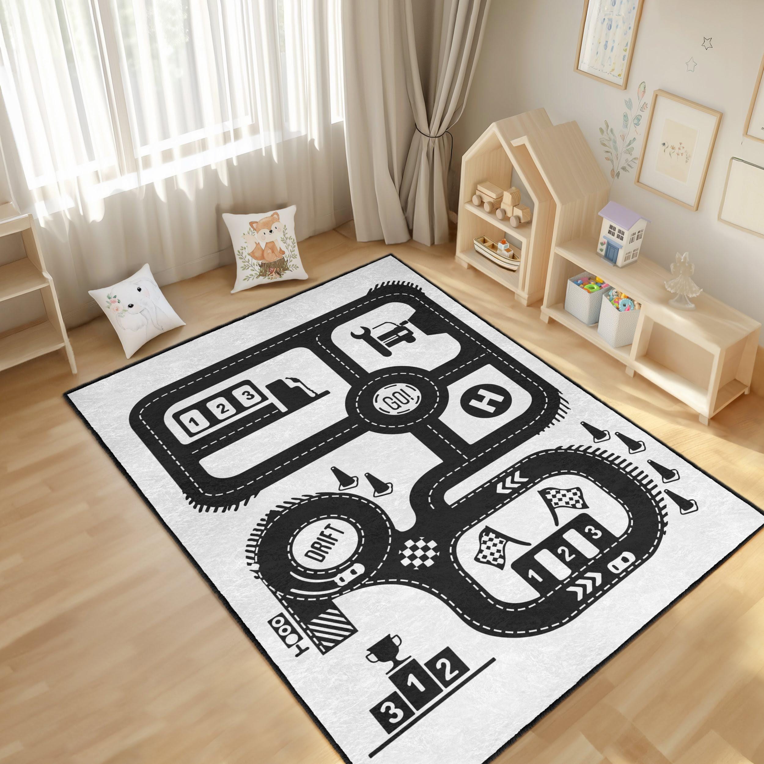 Black Drift Car Infant Play Rug - Race Track Non Slip Nursery