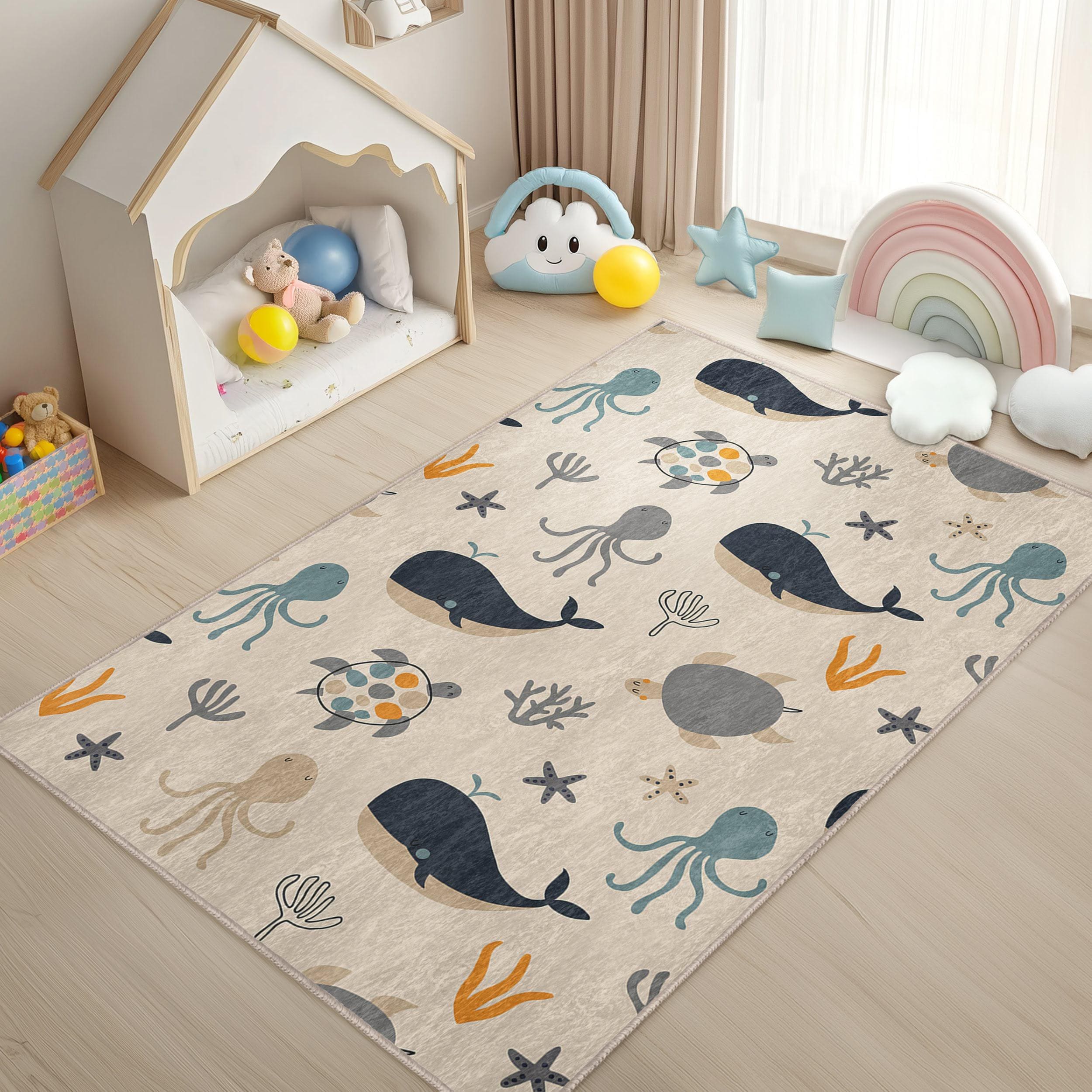 Sea Creatures Crawling Rug - Brown Mat-whale Skid Proof Carpet for