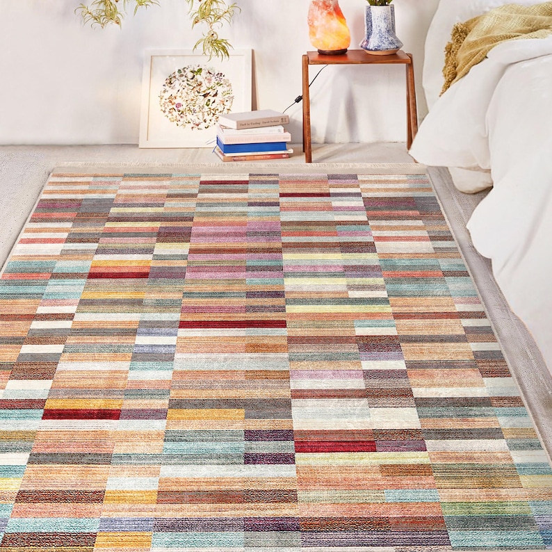 Pastel Block Accent Rug - Colorful Non Slip Area Rug - Faded Washable ...