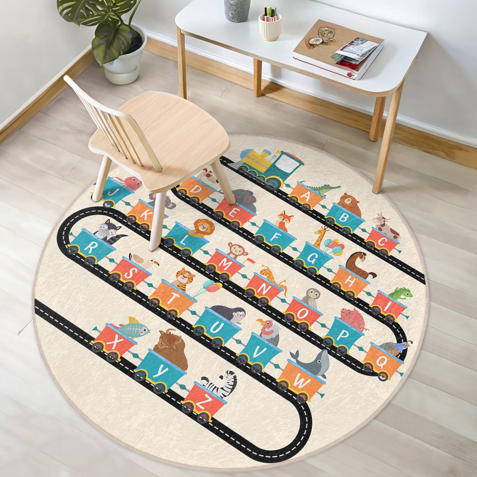 Alphabet ABC Kids Room Round Rug - Beige Train Circle Carpet - Letters ...