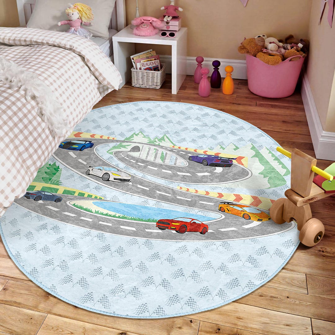 Racing Cars Boy's Room Round Rug-blue Interactive Circle Carpet ...