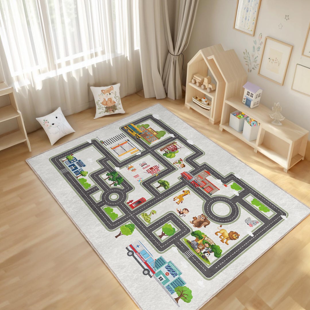 Beige City Life Infant Play Rug-wild Animals Nonslip Nursery Carpet-zoo ...