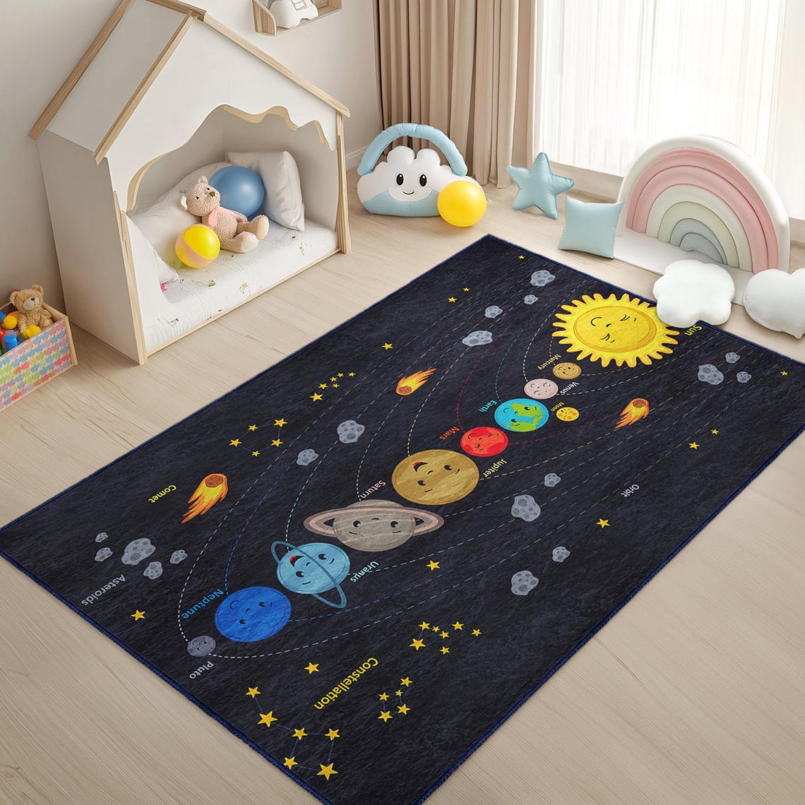 Solar System Play Rug Black Solar System Infant Rug -educational Non Slip Nursery Carpet-sun ...