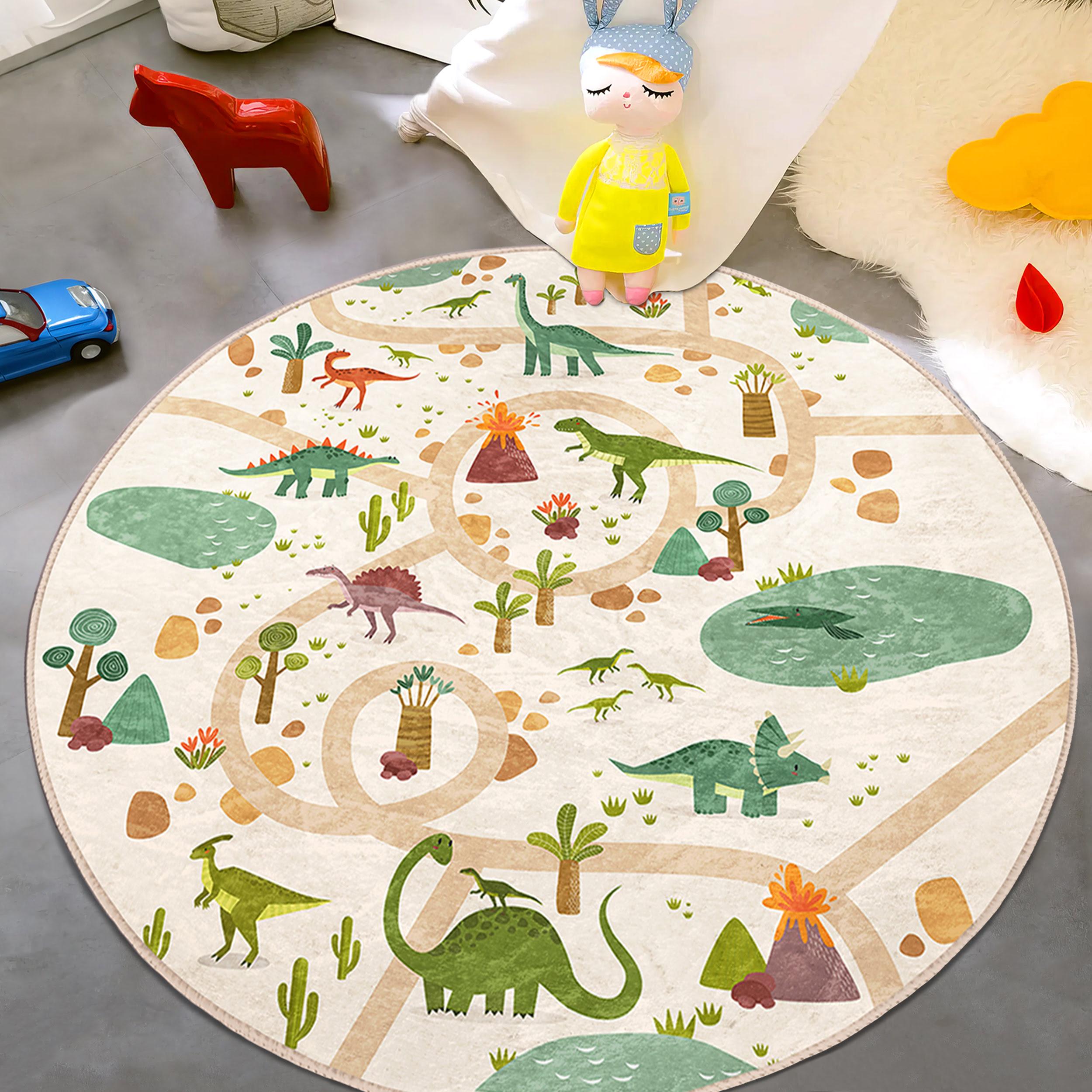 Dinosaur Children Room Round Rug - Beige Trex Circle Carpet