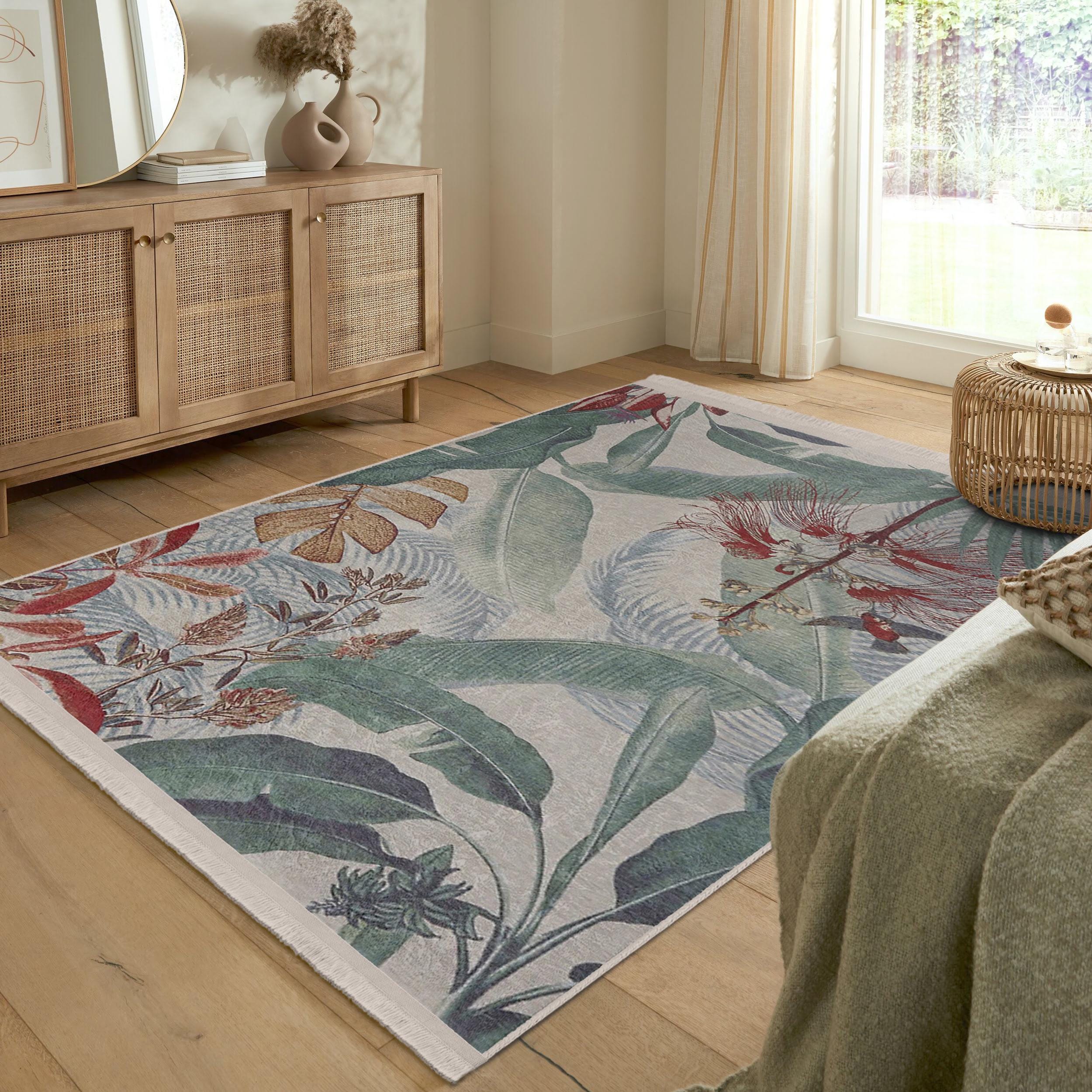 Palm Leaf Botanical Accent Rug-floral Non Slip Area Rug-natural ...