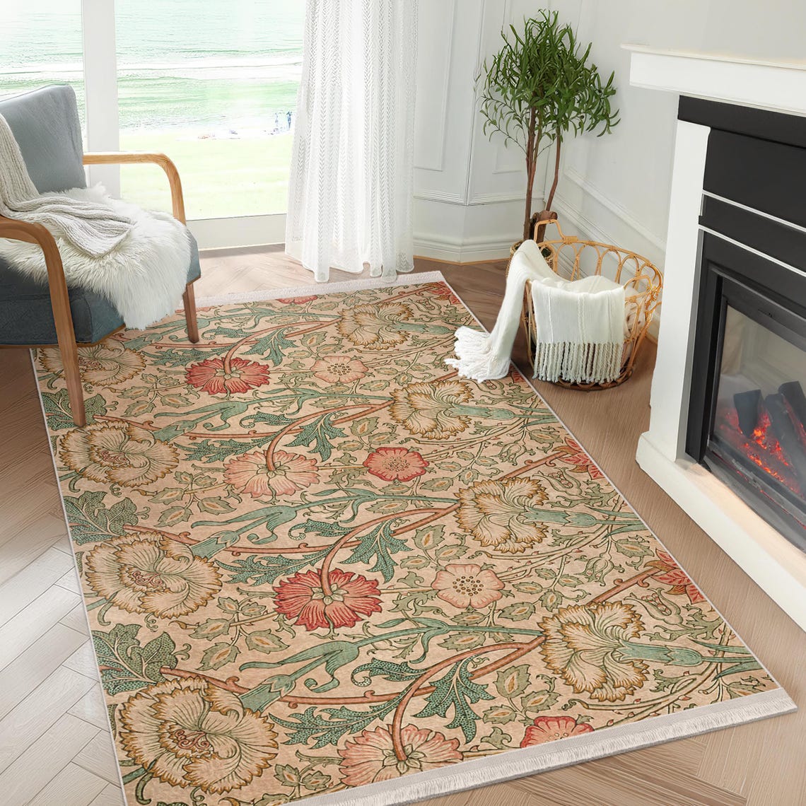 William Morris Artsy Scetch Rug-vintage Flower Rose Beige Artisan ...